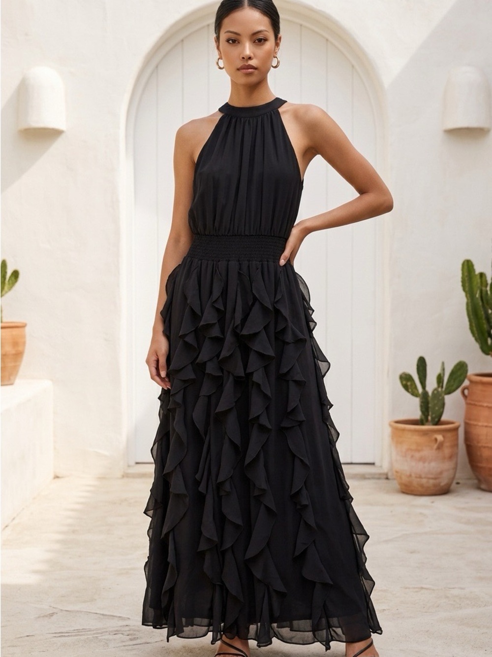 1. State Black Halter Ruffle Maxi Dress